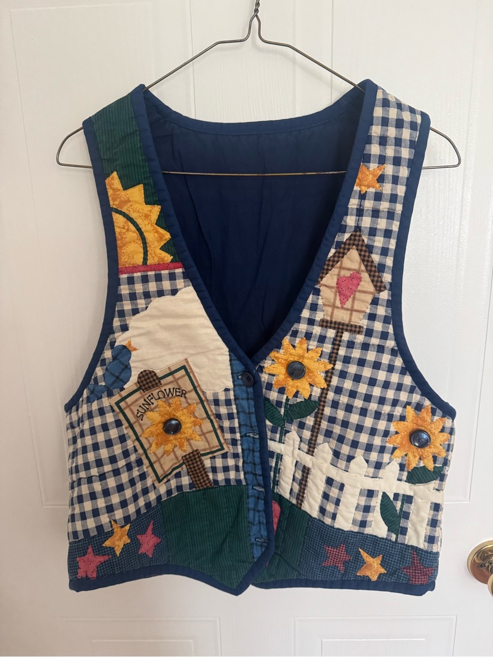 Vintage Blue Gingham Sunflower Patchwork Vest